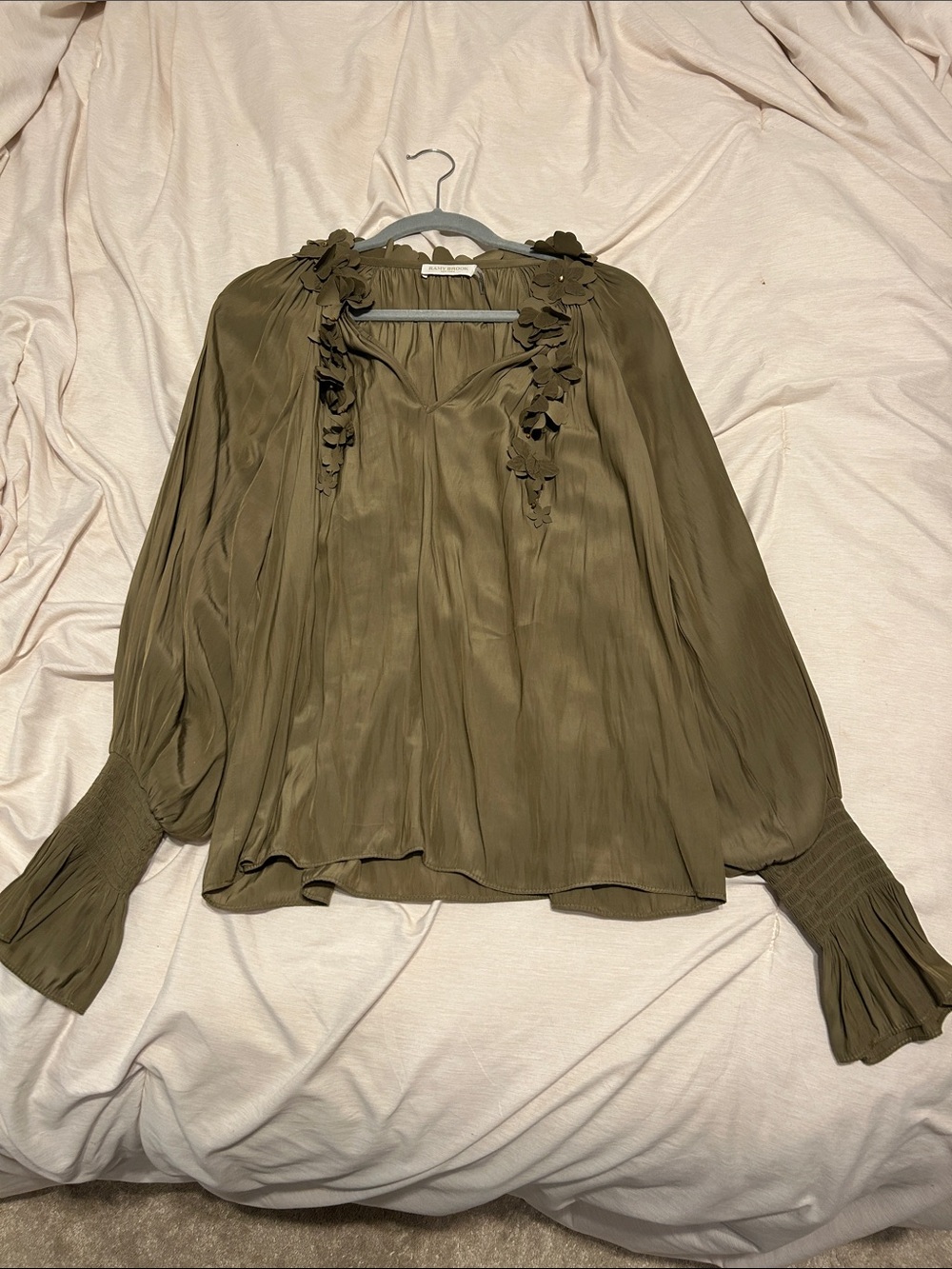 NWT Ramy Brook Olive Floral-Applique Peasant Blouse